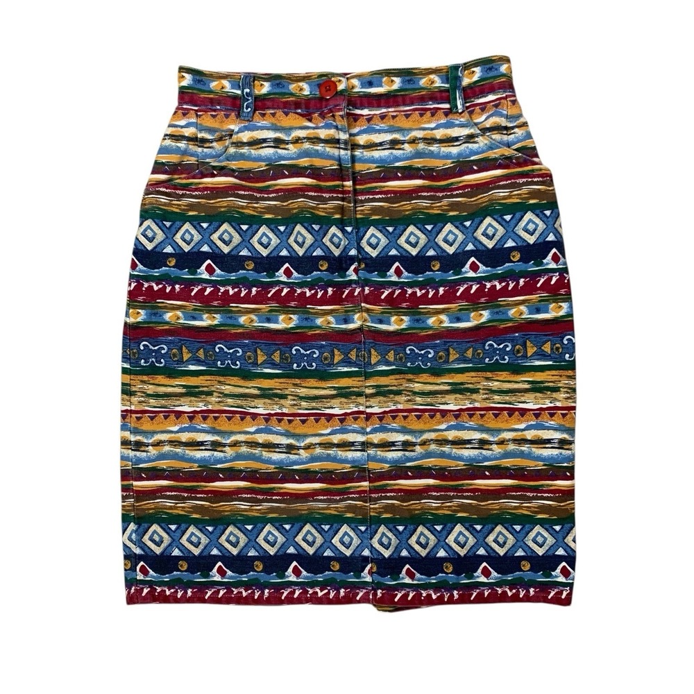 Vintage Tangibles Aztec Stripe High Waist Pencil Skirt Colorful Cotton 9 10